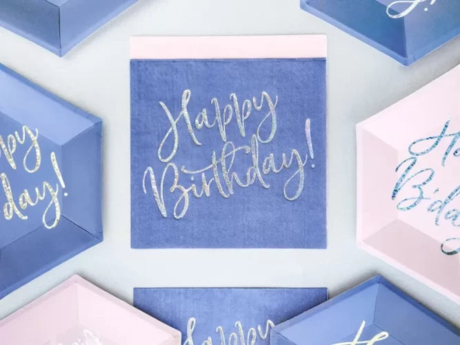Μπλε Χαρτοπετσέτες με ιριδίζον Happy Birthday (20 τεμ)