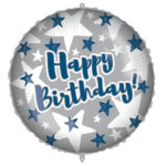 18'' Μπαλόνι Happy Birthday με Αστέρια ασημί/μπλε