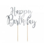 Topper τούρτας Happy Birthday Ασημί