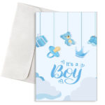 Ευχετήρια Κάρτα Γέννησης Αγοριού - Αρκουδάκι & Σύννεφα "It's a Boy!"