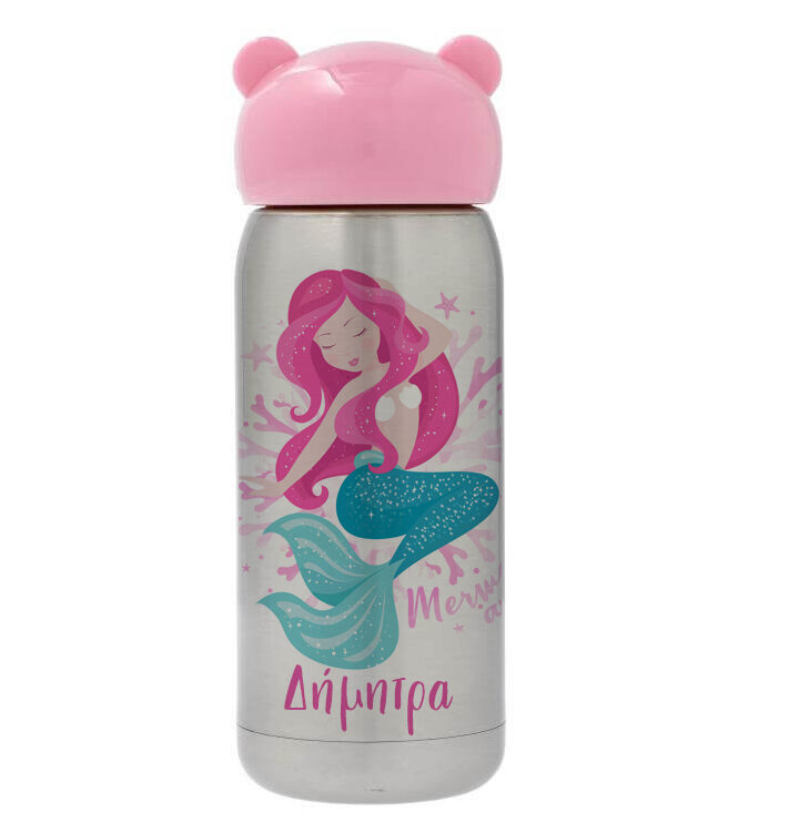 gorgona-paidiko-pagouri-me-onoma-kai-roz-kapaki-arkoudaki-e1693476098187 Παγούρι με ροζ καπάκι αρκουδάκι - Γοργόνα - Image 1