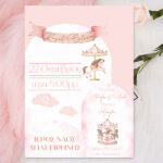 Προσκλητήριο Βάπτισης Ροζ Καρουζέλ μονόκαρτο